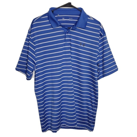 Men's Under Armour HeatGear Short Sleeve Polo Shirt Blue with White Stripes L - Picture 1 of 9